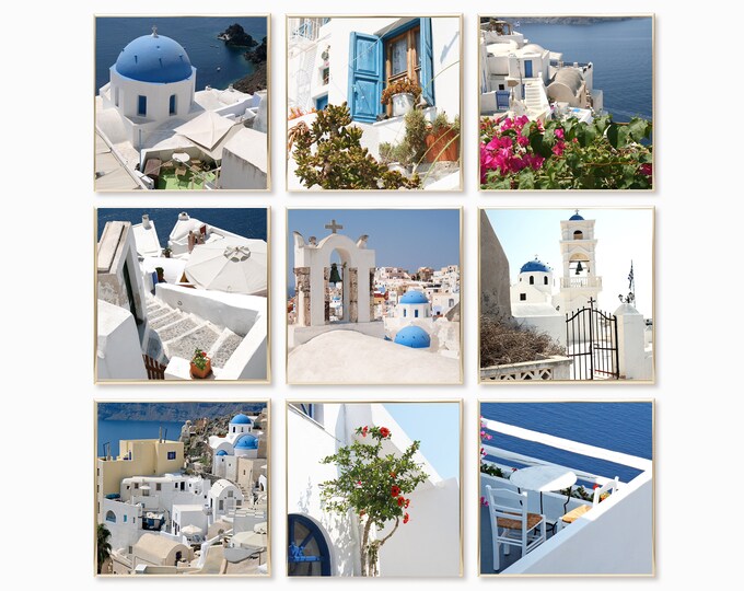 Santorini Greece 9 Print Collection - Nine Greek Island Pictures - Square Photo Set -  Blue and White Coastal Wall Art - Mediterranean Decor