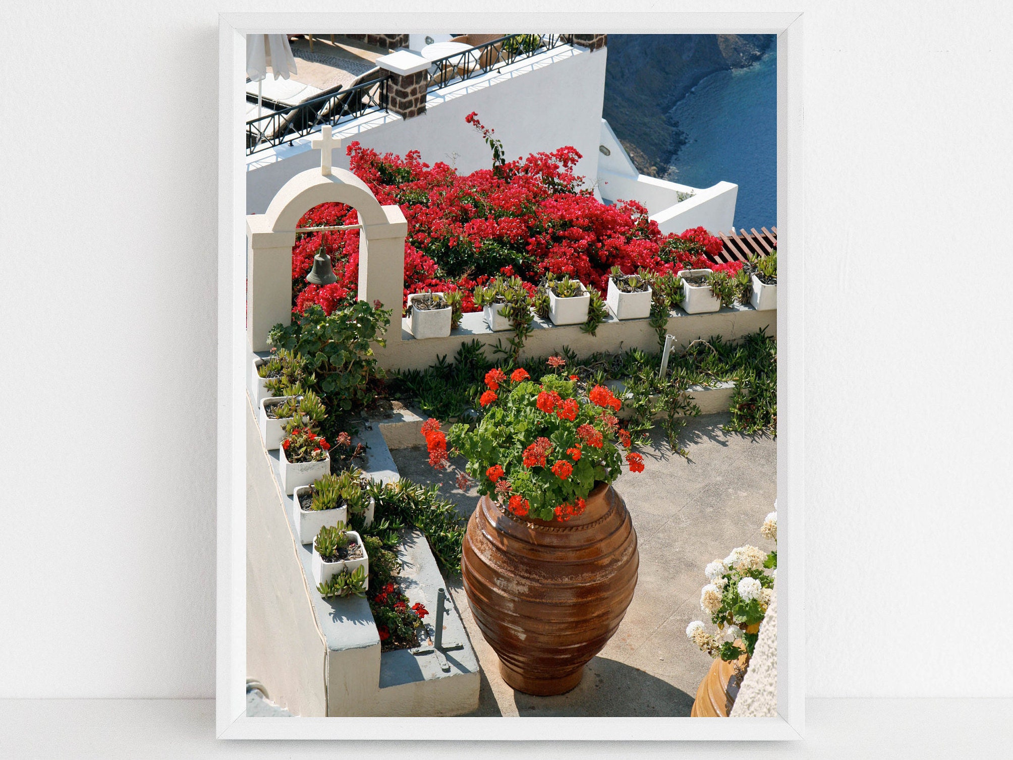 Santorini Greece Photography Print Mediterranean Wall Art Oia Photograph Red Geraniums And Bougainvillea Picture Greek Island Travel