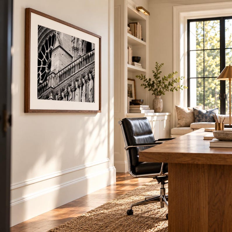 May include: A framed black and white photograph of the Notre-Dame cathedral exterior, featuring a rose window and stone statues, mounted on a light-colored wall in a room with a wooden desk, a black leather office chair, and a bookshelf.