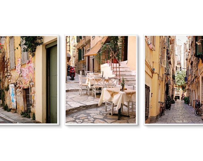 Greece Wall Art Set of Three Prints - Athens and Corfu Photographs - Travel Photography Collection - Golden Yellow Wall Art - Greek Prints