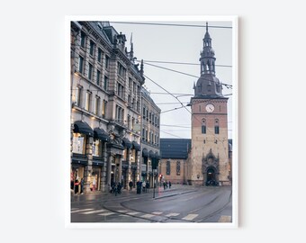 Oslo Winter Street Print, Rainy Day Architecture Photograph, Oslo Cathedral, Norway Photography