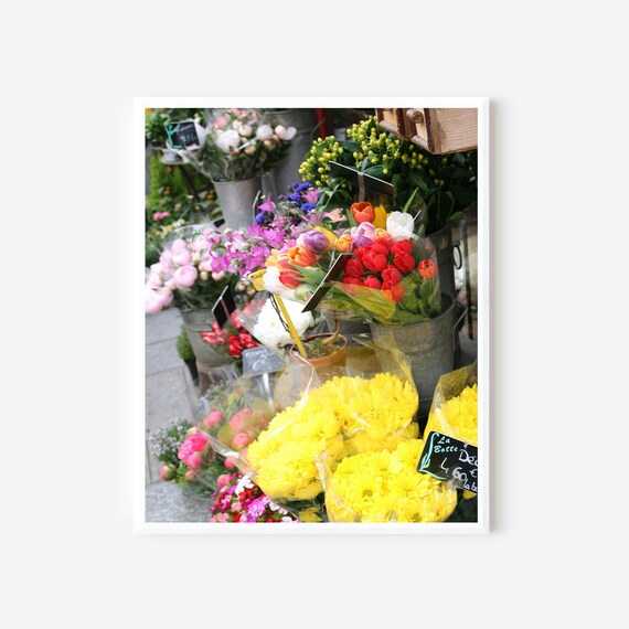 Paris Flower Shop Art, French Floral Photography, Colorful Flower Market Print, Yellow Daisies, Red Tulips, Pink Peonies Wall Art