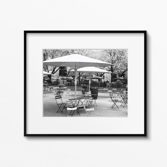Bryant Park Wall Art, Black and White NYC Photography, New York City Photo, Park Cafe Print, Bistro Tables Photo, Available Matted or Framed