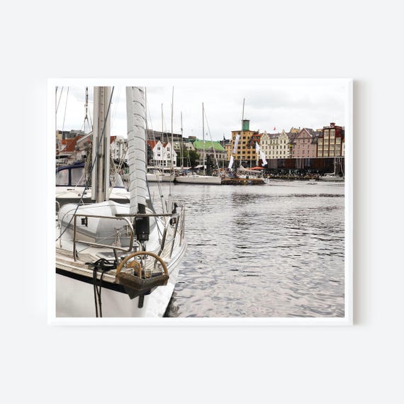 Sailboat at Bergen Harbor Print, Nautical Coastal Photography from Norway