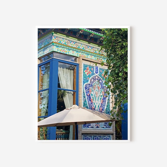 Dushanbe Tea House Print, Boulder CO Photography, Colorful Blue Tile Picture, Cream Umbrella Print, Cafe Wall Art, Vertical Framed Print