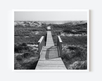 Bald Head Island Photography, Black and White Boardwalk Seascape, Coastal Wall Art