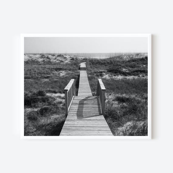 Bald Head Island Photography, Black and White Boardwalk Print, North Carolina Beach Art, Sea Grass Picture, Coastal Wall Art, NC Seascape