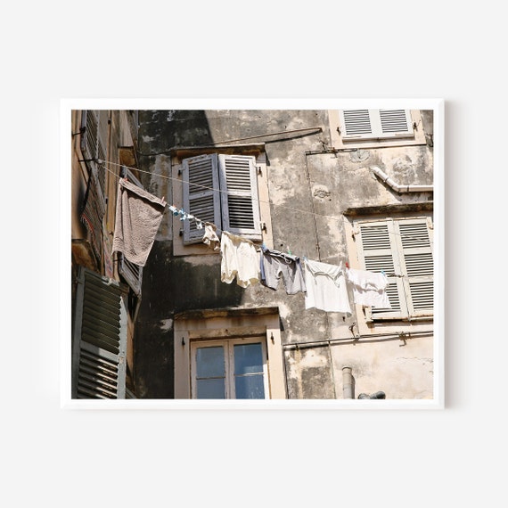 Laundry Room Decor, Laundry Wall Art, Corfu Greece Photography, Clothesline Print, Neutral Laundry Print