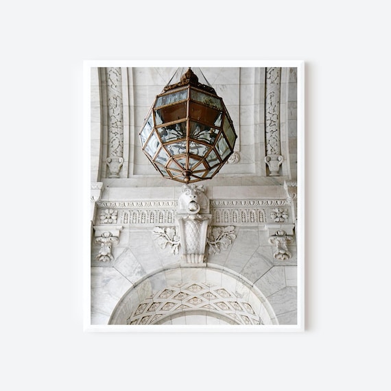 New York Public Library Ceiling Print, Beaux Arts Architecture Wall Art, NYC Chandelier Photography
