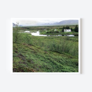 Iceland Landscape Photography Print, Thingvellir National Park River View with White Houses, Travel Photography, Scottish Home Decor