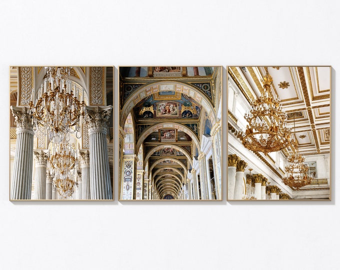 Hermitage 3 Print Set - Saint Petersburg Russia Wall Art - Architecture and Chandelier Photographs - Three Gold Pictures - Russian Photos