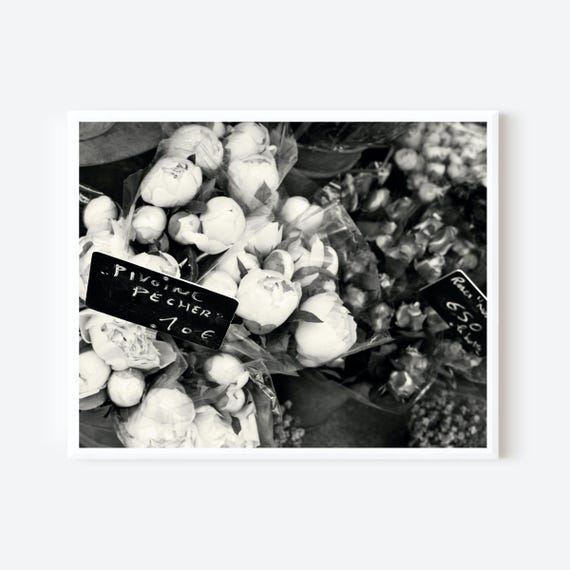 Black and White Paris Flower Print, Peony Photography, Romantic Floral Wall Art, French Home Decor, Parisian Wall Art, European Market Photo