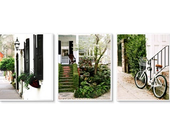 Charleston SC Photography Print Collection - Southern Wall Decor - Green Black and White Art - Bicycle Photo Set - Front Porch Wall Art