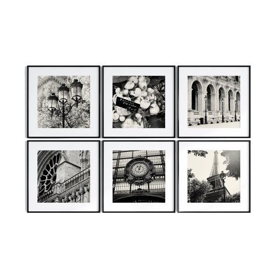Six Square Black and White Paris Photography Prints, Paris Print Collection, Parisian Home Decor