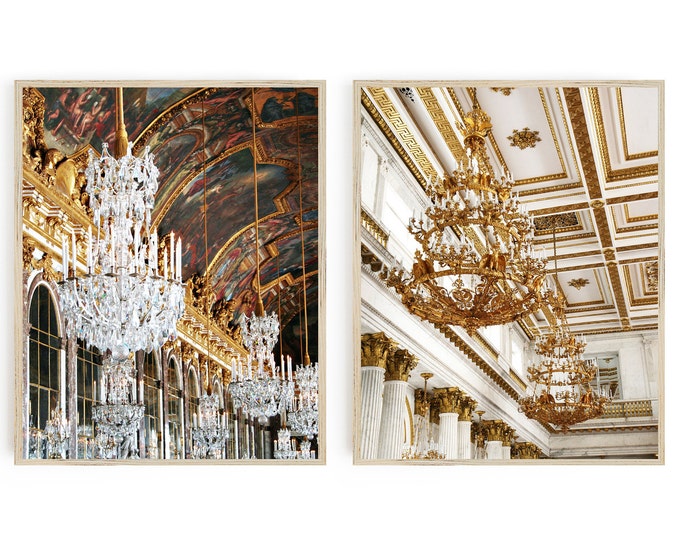 Gold Chandelier Print Set - Two Vertical Photographs - Hall of Mirrors Print  - Hermitage Russia Picture - Elegant Dining Room Wall Art