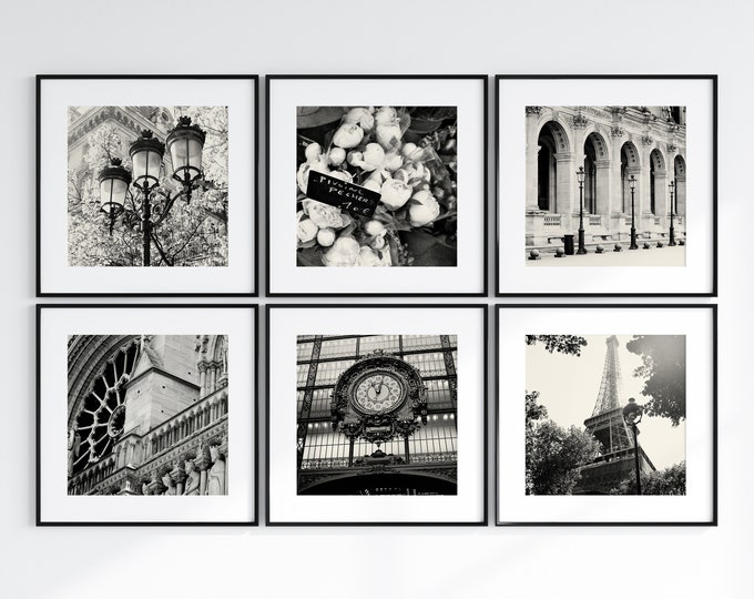 Paris Wall Art, Six Square Black and White Paris Photography Prints, Paris Print Collection, French Home Decor, Black and White Gallery Wall