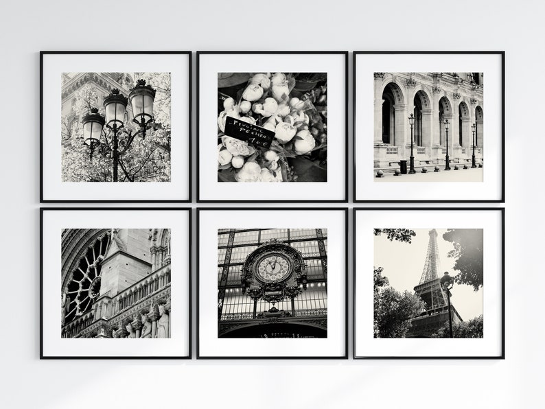 Paris Wall Art, Six Square Black and White Paris Photography Prints, Paris Print Collection, French Home Decor, Black and White Gallery Wall image 1
