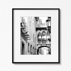 Black and White Barcelona Photography Print, Gothic Quarter Print, Spain Architecture Print, Bishops Bridge Photo, Spanish Wall Art