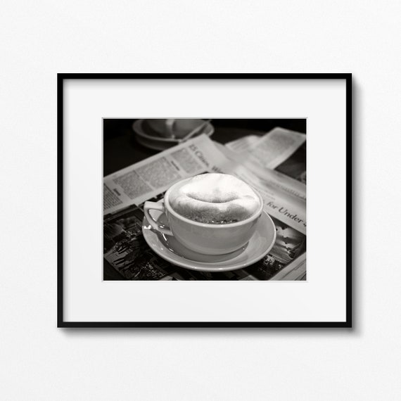 Black and White Coffee Print, Food Photography, Cafe Wall Art, Urban Kitchen Decor, Cappuccino Photo, New York Times Photograph