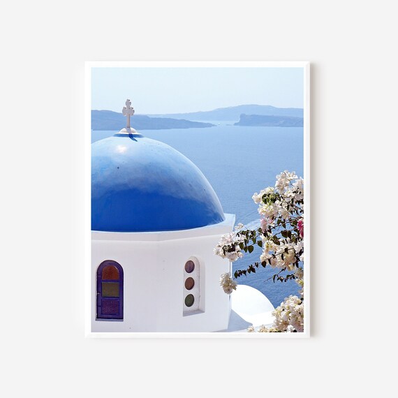 Blue Domed Church Print, Santorini Greece Photography, Blue and White Mediterranean Wall Art