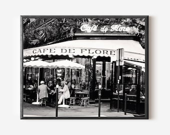 Cafe de Flore Print, Vintage Parisian Black and White Photography