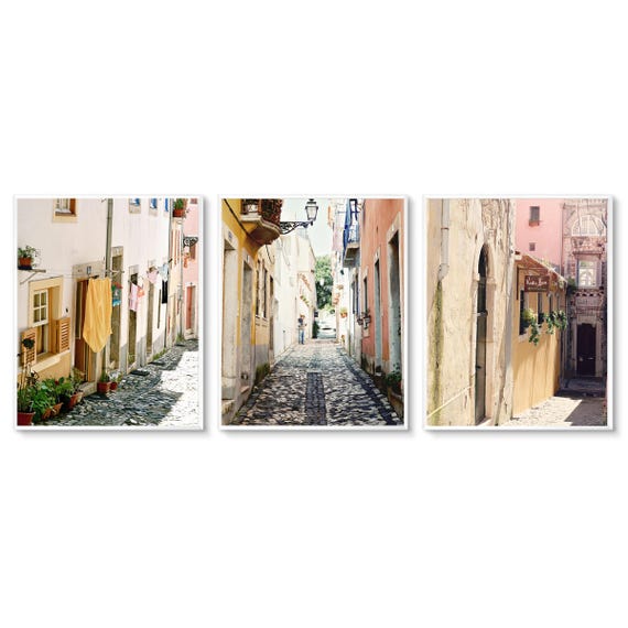 Lisbon Portugal Photography Three Print Set - Portuguese Wall Art - 3 Vertical European Street Pictures - Pastel Urban City Photos