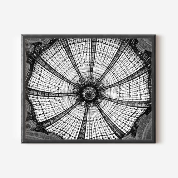 Black and White Galeries Lafayette Print, Paris Photography, Parisian Apartment Wall Art,  Stained Glass Window, Modern French Home Decor