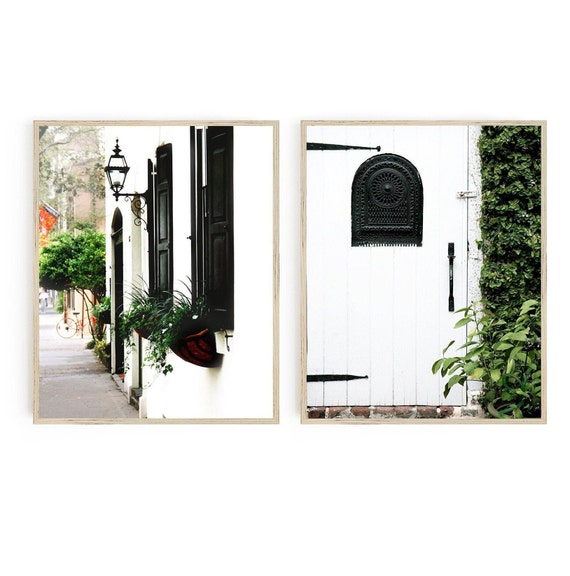 Charleston SC Photography Print Set - 2 White Green and Black Vertical Photographs - Southern Wall Art
