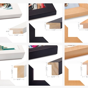 May include: A collection of flat and box wood frames in white, black, and natural wood finishes. The flat frames measure 0.75 inches in height and 1.125 inches in width. The box frames measure 1.375 inches in height and 0.75 inches in width.