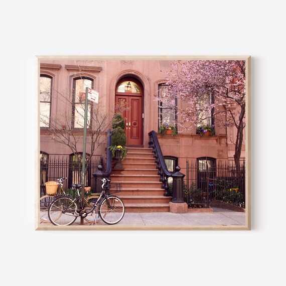 Perry Street Brownstone Print, NYC Spring Photography, Sex and the City Apartment, New York Brownstone Wall Art, Cherry Blossom Cityscape