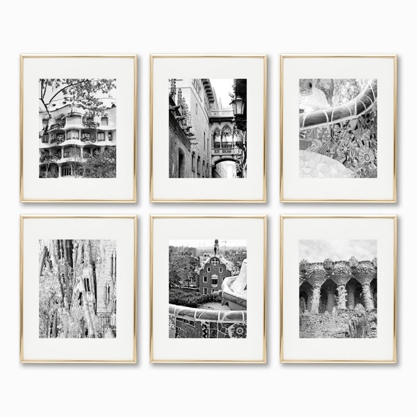 Black and White Barcelona Spain Photography Set of Six Prints - Spanish Wall Art  - Gaudi Architecture Photographs - Vertical Photos