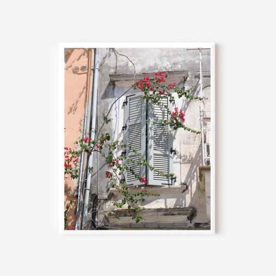 Corfu Greece Photography, Window Print, Pink Wall Art, Girls Nursery Decor, Bougainvillea Picture, Gray and Peach Art, Venetian Decor