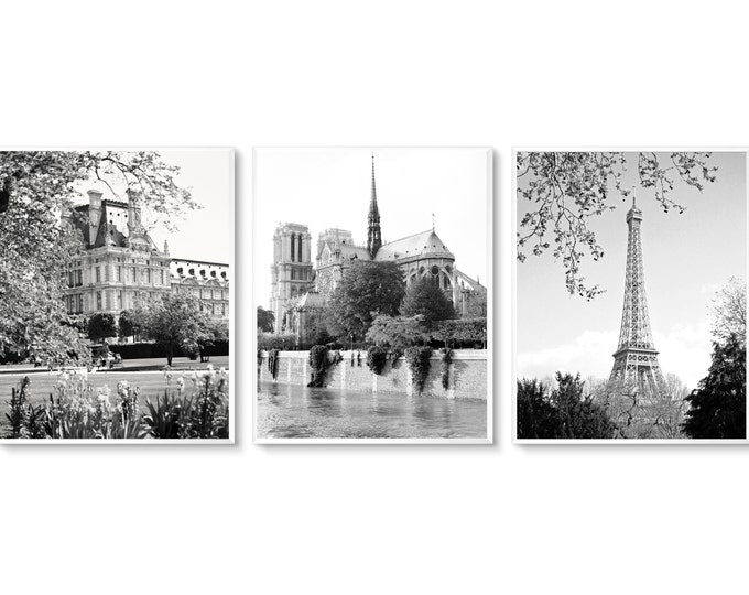 Black and White Paris Three Print Set - French Wall Art - Parisian Architecture Photographs - 3 Pictures - Louvre Eiffel Tower Notre Dame