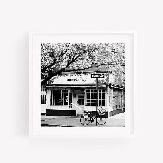Black and White Square Photography Print  of Smorgas Chef Restaurant, Spring in NYCs West Village