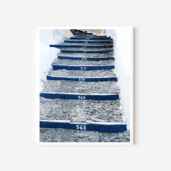 Karavolades Stairs Print, Santorini Photography, Blue Steps Photograph, Fira Photo, Greece Travel Print, Greek Island Picture, Framed Art