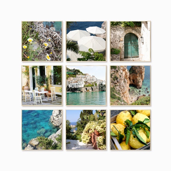 Mediterranean Summer Nine Print Set - Turquoise Yellow Green Wall Art - Greek Island and Italy Photo Collection - 9 Square Photographs