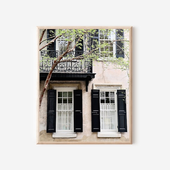 Charleston Photography, Balcony Print, Charleston SC Photo, South Carolina Architecture Print, Beige Wall Art, Black Shutters and Windows