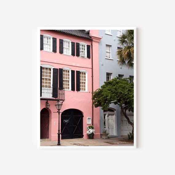 Charleston SC Print, Rainbow Row Photo,  Pink House Picture, Southern Home Decor,  Pastel Art, South Carolina Photography, Large Wall Art