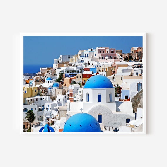 Santorini Greece Photography Print, Greek Island Photograph, Blue Dome Church Photo, Blue and White Wall Art, Mediterranean Travel Print
