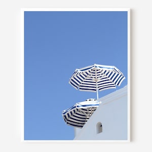 Striped Blue and White Beach Umbrella Photography Print from Santorini Greece - Minimalist Modern Coastal Wall Art from the Greek Islands