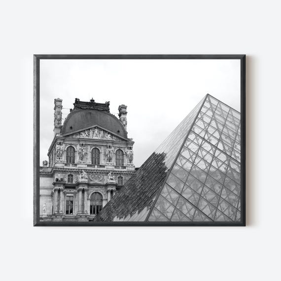 Black and White Paris Photography Print of Louvre Pyramid, Modern Parisian Wall Art