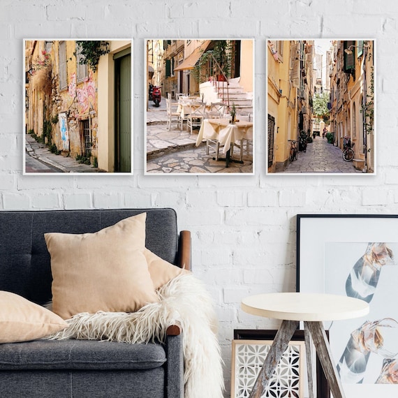 Greece Wall Art Set of Three Prints - Athens and Corfu Photographs - Travel Photography Collection - Golden Yellow Wall Art - Greek Prints