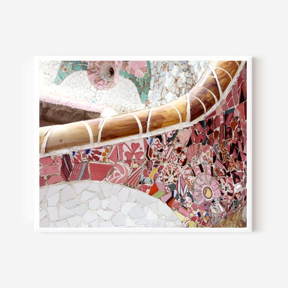 Barcelona Photography, Parc Guell Print, Gaudi Mosaic Tile Picture, Barcelona Spain, Pink Mosaic Tile, Spanish Decor, Mediterranean Art