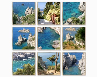 Ocean Photography Print Set - Nine Square Sea Photographs - Corfu Greece Gallery Wall - Turquoise Blue and Green Wall Art - Greek Island Art