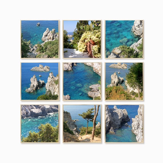 Ocean Photography Print Set - Nine Square Sea Photographs - Corfu Greece Gallery Wall - Turquoise Blue and Green Wall Art - Greek Island Art