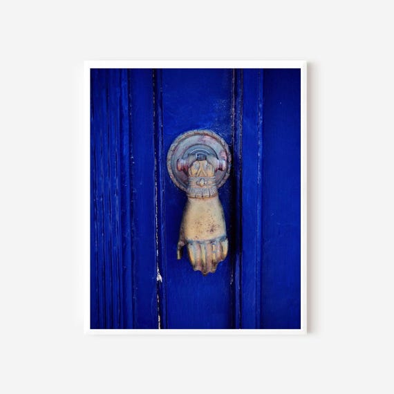 Santorini Door Knocker Print: Indigo Blue & Gold, Greece Photography