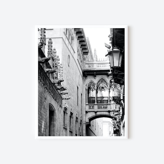 Black and White Gothic Quarter Bishops Bridge Photography Print from Barcelona Spain