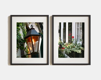 Charleston South Carolina Photography Print Set - 2 Vertical Southern Photographs - Black and Green Wall Art - Gas Lamp Window Box Prints