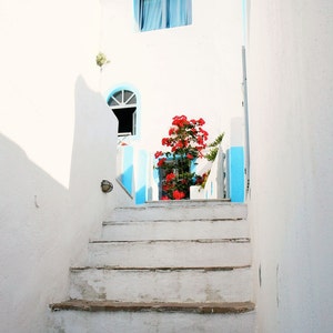 Santorini Greece, Pictures of Santorini, Greece Photography, Greek Island Photo, White and Turquoise Wall Art, Mediterranean Decor, Stairs image 4