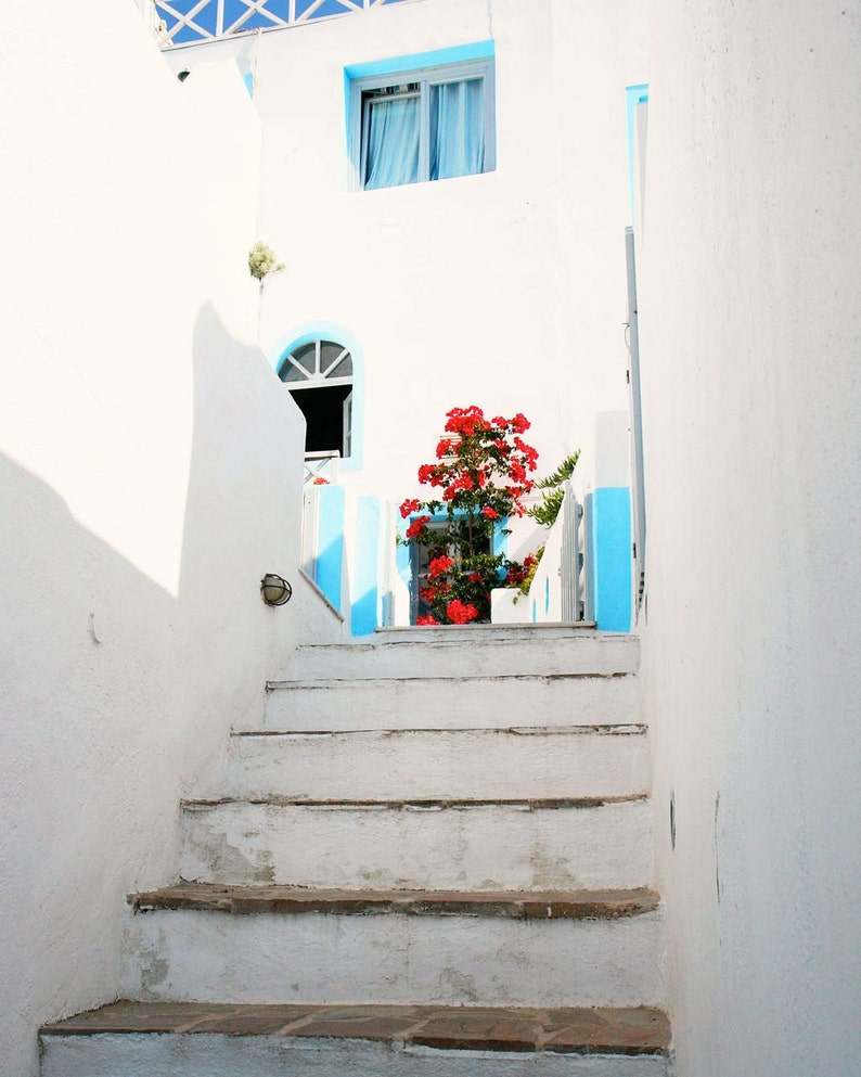 Santorini Greece, Pictures of Santorini, Greece Photography, Greek Island Photo, White and Turquoise Wall Art, Mediterranean Decor, Stairs image 4